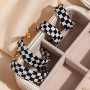 Vintage Black White Checkered Hoop Earrings